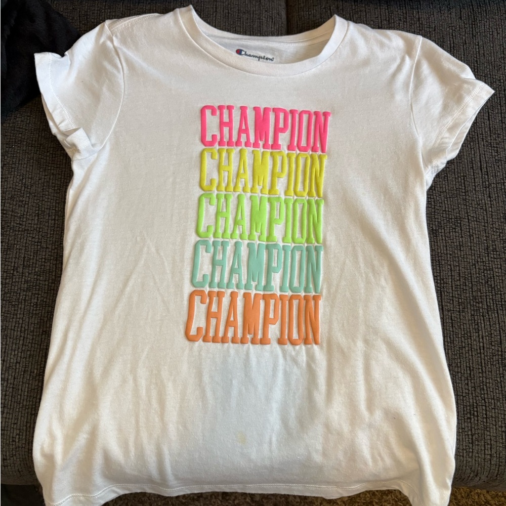 Champion White Short Sleeve Tee with Neon Stacked Logo